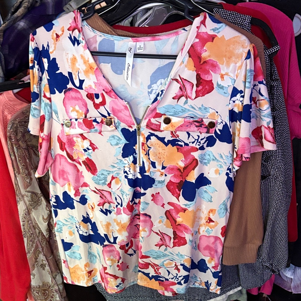 NY Collection Floral V-Neck Blouse - Pink, Blue, Orange